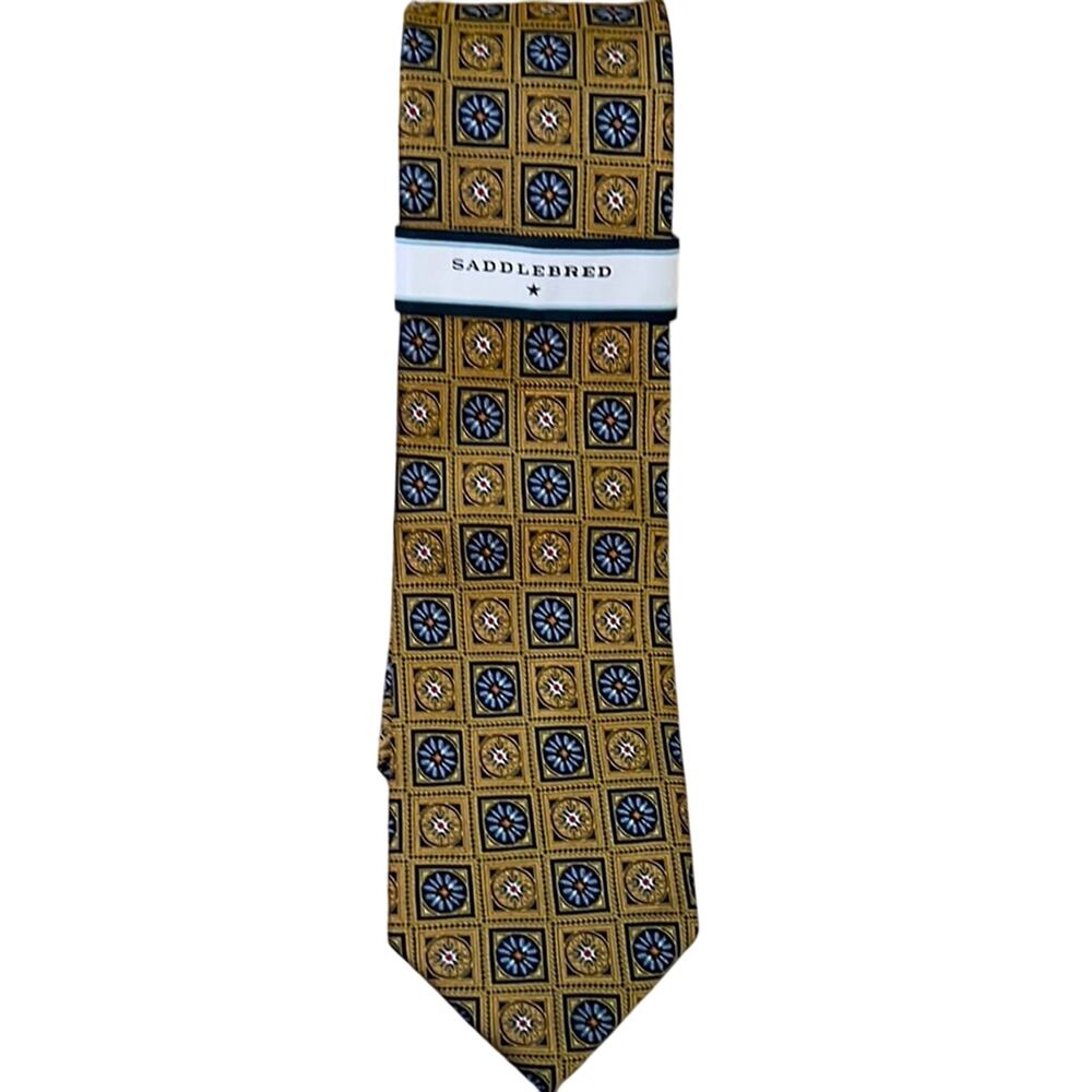 Saddlebred Gold and Blue Patterned 100% Silk Men's Tie 60 inches NWT